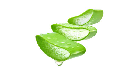 Aloe vera sliced leaf with dripping gel isolated on white background.