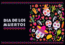 Dias De Los Muertos Typography Banner Vector. Mexico Design For Fiesta Cards Or Party Invitation, Poster. Flowers Traditional Mexican Frame With Floral Letters On Black Background.