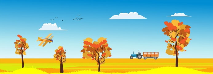 Wall Mural - Horozontal banner Autumn landscape countryside with hills, trees and fall leaves, blue sky clouded
