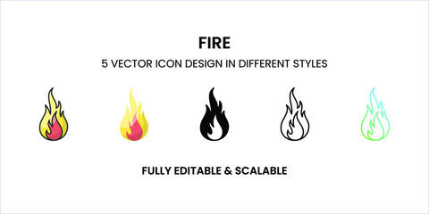 Fire vector icon in colored outline, flat, glyph, line, and gradient