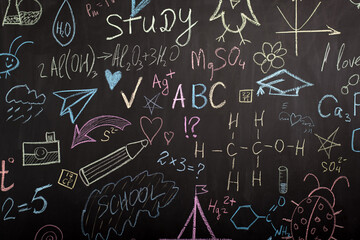 school blackboard with chalk-drawn drawings and formulas.