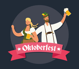 Sticker - german couple wearing tyrolean suit drinking beers characters