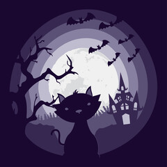 Poster - happy halloween card with black cat and bats flying scene