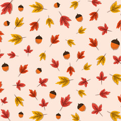 Wall Mural - autumn yellow and orange leaves with acorns background vector design