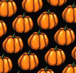 Wall Mural -  Orange halloween pumpkins on black background as autumn halloween pattern wallpaper bakground illustration       