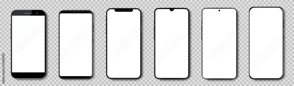 Set high quality realistic trendy different black models smartphone with white empty touch screen, evolution of smartphones. Detailed mockup smartphone, model mobile - vector - obrazy, fototapety, plakaty 