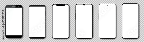 Fotomural Set high quality realistic trendy different black models smartphone with white empty touch screen, evolution of smartphones