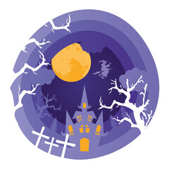 Poster - happy halloween card with castle in cemetery scene