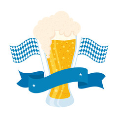 Sticker - fresh beer in glass with oktoberfest flags and ribbon frame