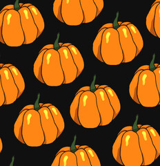 Wall Mural - Orange halloween pumpkins on black background as autumn halloween  pattern wallpaper bakground illustration    