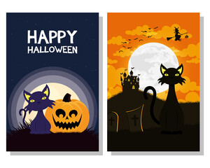 Poster - happy halloween card with black cats mascots and witch flying scene