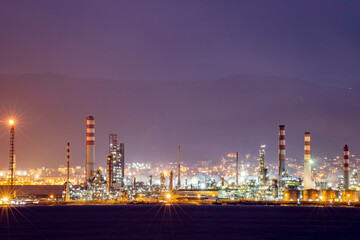 Oil refinery factory on the sea in Izmit, Turkey. Petrochemical plant structure on manufacturing oil refinery. Tupras Izmit petroleum refinery. Tupras is Turkey's largest oil refinery.