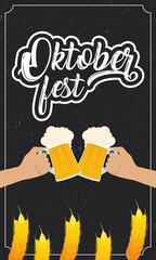 Wall Mural - oktoberfest party lettering in poster with hands toasting beers