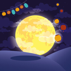 mid autumn festival poster with moon and lamps hanging