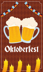 Poster - oktoberfest party lettering in poster with beers and barley spikes