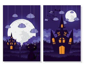 Poster - happy halloween card with cat and castle scenes