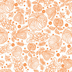 Wall Mural - thanksgiving line art doodle pumpkins, pear, apple, grape, leaf seamless pattern background design