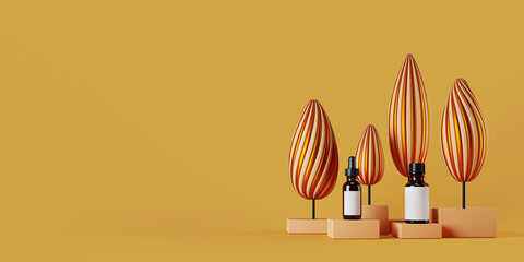 Poster - Beauty concept background. Cosmetic bottle and Christmas tree stripes isolated on beige background. 3d rendering illustration. Clipping path of each element included.