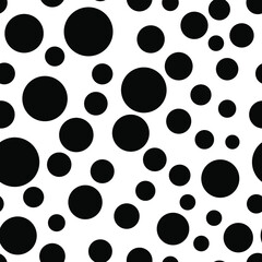 Polka dot seamless pattern. Random circles chaotic of different size. Vector abstract dotted background texture. Black on white. Fabric, wallpaper, print, textile, wrapping design. Vector illustration