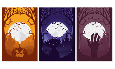 Wall Mural - happy halloween card with three scenes