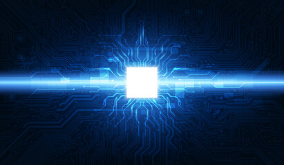 Poster - Abstract technology chip processor background circuit board and html code,3D illustration blue technology background vector.
