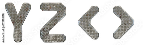 Cuadros en Lienzo Set of capital letters Y, Z and symbol left and right angle bracket made of industrial metal isolated on white background