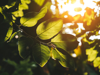 Wall Mural - Close up of leaves with sunlight on blur background.