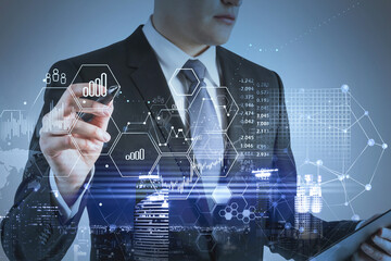 Poster - Man with clipboard using business interface