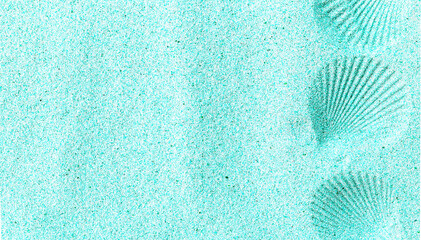 Blue clean sand with seashell print, top view, banner copy space. Summertime holiday concept.