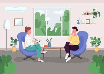Poster - Individual session with psychologist flat color vector illustration. Mental health issues treatment. Psychological therapy. 2D cartoon faceless characters with consulting room on background