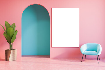 Blue and pink room, armchair and poster