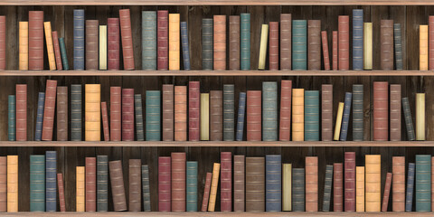 Poster - Vintage books on old wooden shelf. Old library or antique bookshop. Tiled seamless texture, wallpaper or background.