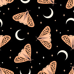 Wall Mural - seamless pattern with butterfly on black background. contemporary composition. boho wall decor. mid 