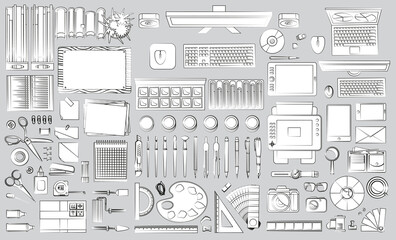 Leinwandbilder - Vector set. Objects for business and art on a office desk. Top view.
Workspace creator, artist, designer, businessman.
Computer hardware and gadgets. Paints and stationery. Paper and desktop objects.