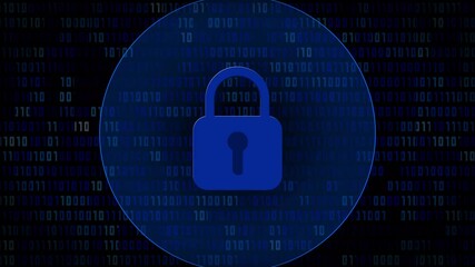 Poster - Internet security concept - closed padlock as security symbol in the center of pulsaving waves over binary code screen - graphic elements in blue color on black background