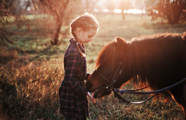 Little girl plays with horse in forest.