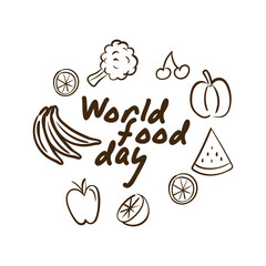 Poster - world food day celebration lettering with vegetables and fruits line style