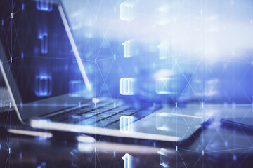 double exposure of desktop computer and technology theme hologram. concept of software development.