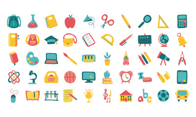 bundle of fifty school supplies flat style icons
