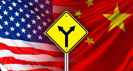 Wall Mural - Road sign shows forking. Flags of USA and China are nearby. Concept - need to choose between USA and China. Choice between America and PRC. Geopolitical fork. Fork as a symbol of geopolitical choice