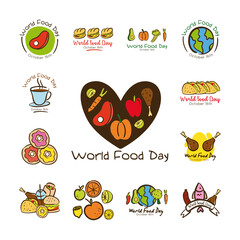 Sticker - bundle of thirteen world food day celebration letterings flat style