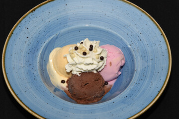 Canvas Print - Closeup shot of ice cream in a blue plate