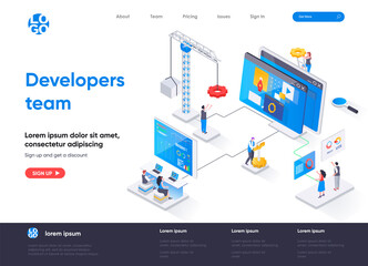 Developers team isometric landing page. Full stack software development company isometry concept. App engineering, programming and testing flat web page. Vector illustration with people characters.