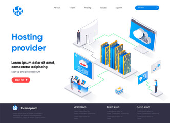 Hosting provider isometric landing page. Website hosting service isometry concept. Internet provider hardware and software technology flat design. Vector illustration with people characters.