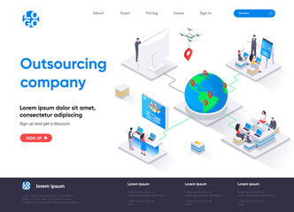 Aufkleber - Outsourcing company isometric landing page. Remote workforce and freelancers recruiting isometry concept. Outsourcing software development service web page. Vector illustration with people characters.