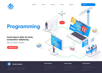 Programming isometric landing page. Full stack software development, engineering, programming isometry concept. Outsourcing company service flat web page. Vector illustration with people characters.