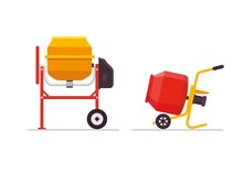 Cement Concrete , Stucco And Mortar Mixer, Self-powered With Electric Motor. Stationary And Portable On Wheels. Vector Illustration.
