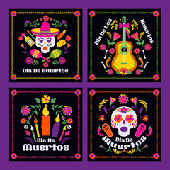 Wall Mural - Dias de los Muertos typography banners vector. Mexico design for fiesta cards or party invitation, poster. Flowers traditional mexican frame with floral letters on black background.