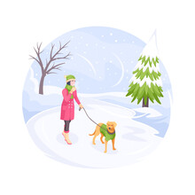 Pet Walking In Winter Snow Cold, Woman With Dog, Vector Isometric Flat Illustration. Girl With Dog On Leash Walking At Winter Snowy Park, Bad Cold Weather Outdoor, Owner Walking Pet In Nature