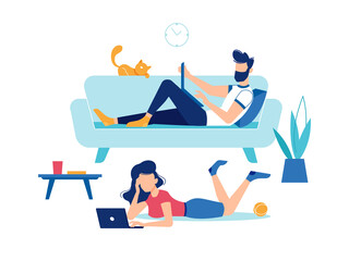 Poster - Man and woman with laptop computers at home, fun and entertainment, vector flat design. Man on sofa couch typing and looking at display, woman or girl lying on floor with laptops watching movie